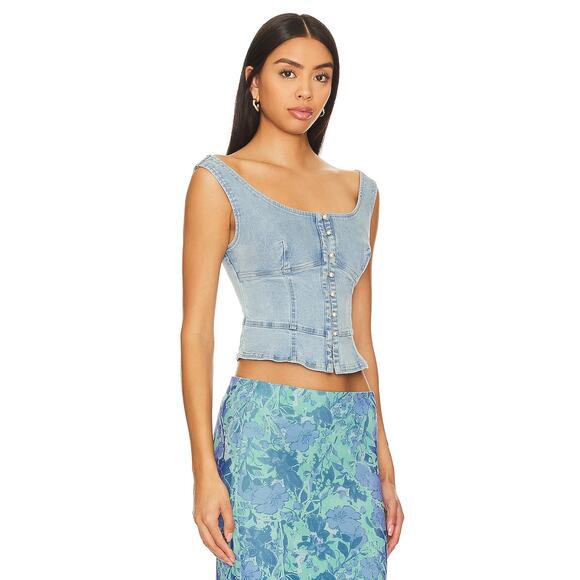Free People Sally Denim Corset Top In Daylight Sky Combo Size XS - Picture 11 of 13